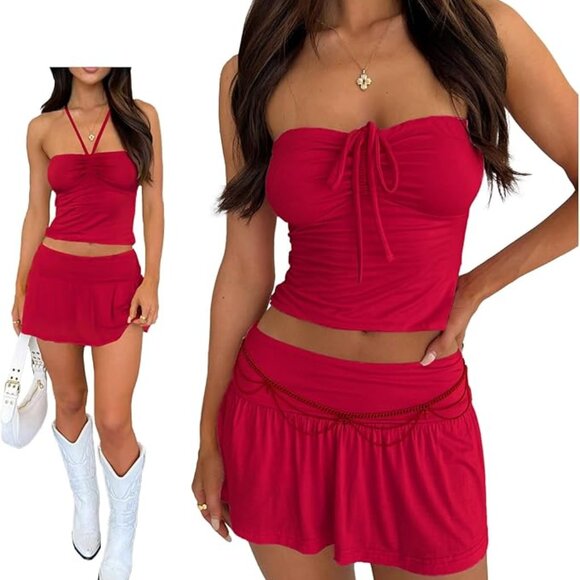 Red Y2K Off-Shoulder Two Piece Tube Top Mini Skirt Set – Strapless Crop & Skirt - Picture 1 of 6